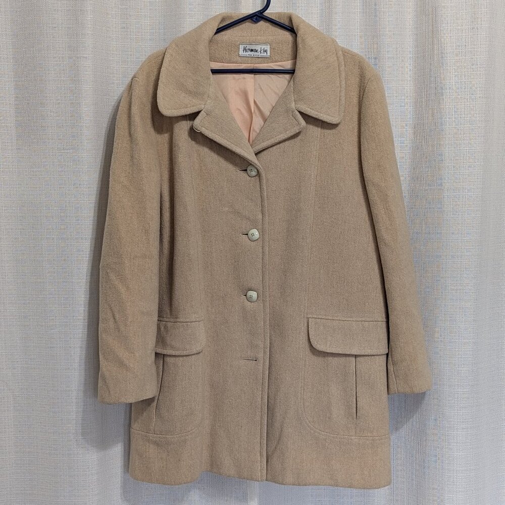 Vintage Herman Key Women's Pure Wool Pea Coat Tan Lined Elegant Made In USA